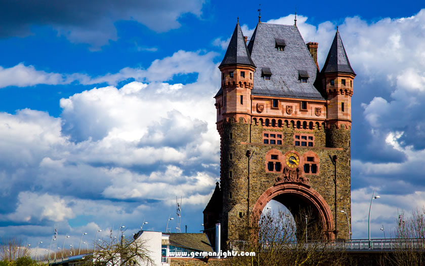 The Nibelung Tower and bridge across the Rhine river